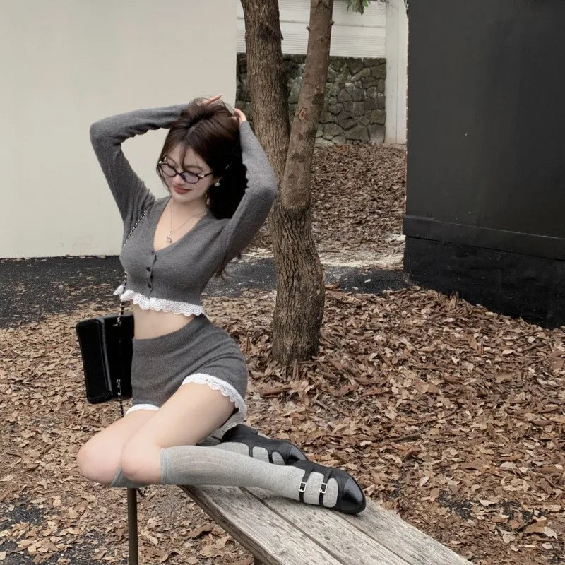 Sweet Hot Girl Suit Summer Longsleeved Vneck Cardigan Highwaisted Shorts Twopiece Set Female Clothes