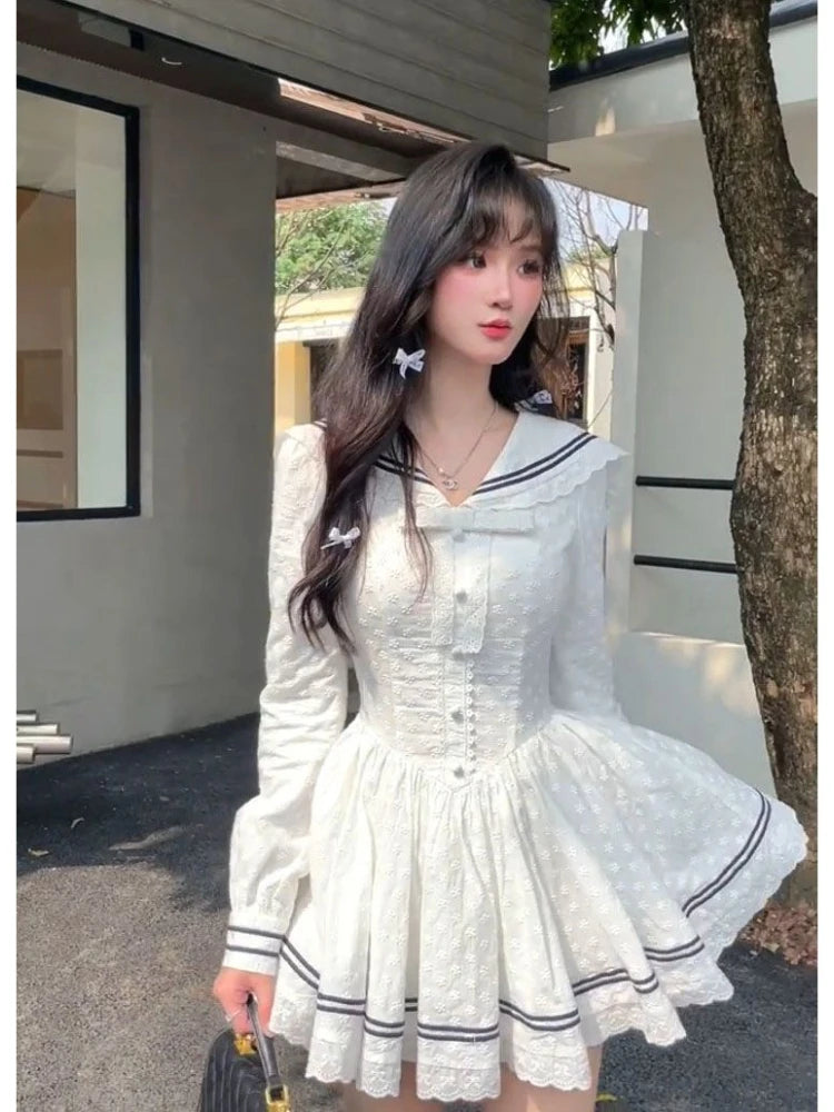 Mini Dresses Sweet Sailor Collar Long Sleeve Slim Ins Lace Bow Party Dress Preppy Style Female