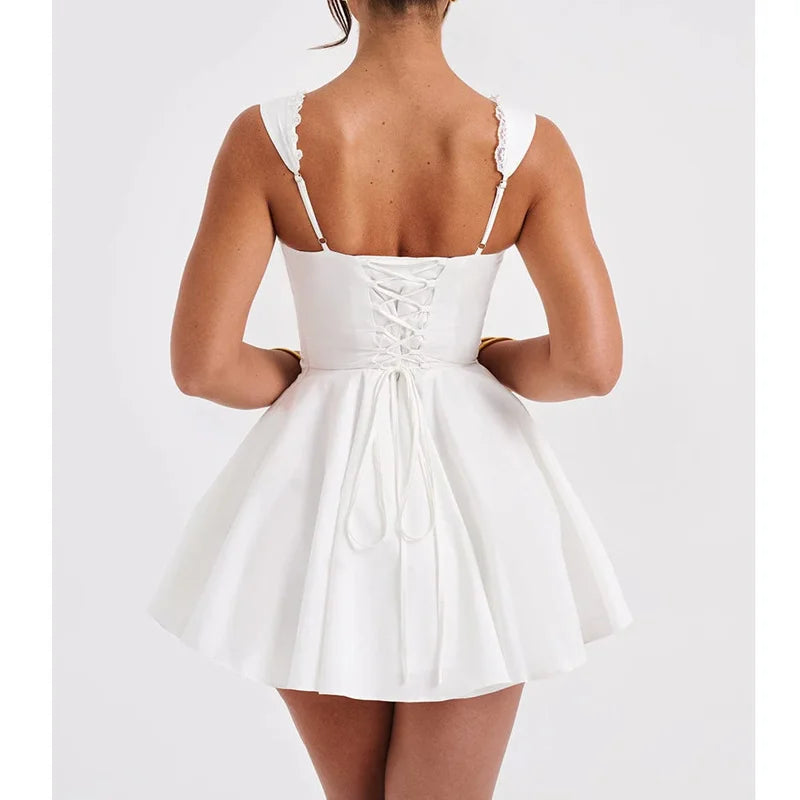 Corset Dress Color Square Collar Sleeveless Lace Trim Hem a Line Mini Dress Evening Party Dresses