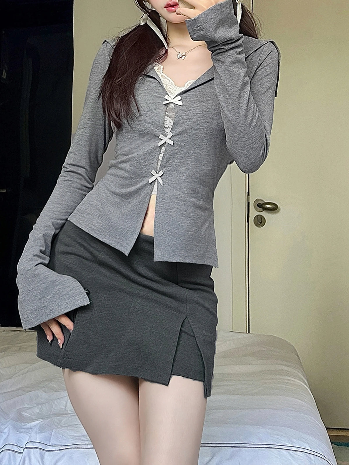 Sweet Korean Bowknot Sailor Collar Fake Two Piece Top Tees Long Sleeve Gentle Cardigan Autumn