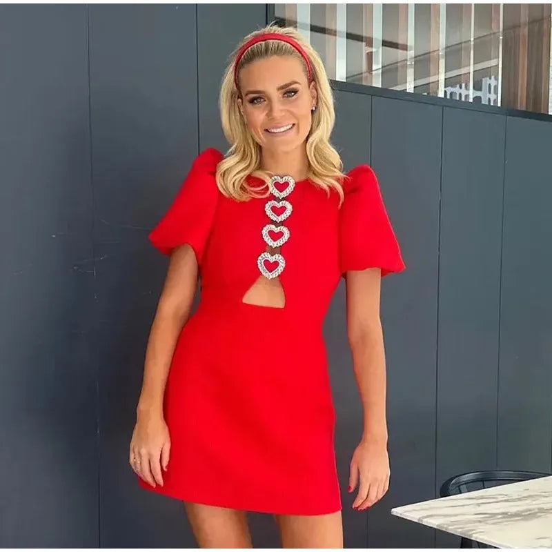 Bow Hollow Out Red Black Mini Dress Puff Sleeve Oneck Party Dresses Summer New Shinny Robe Vestidos