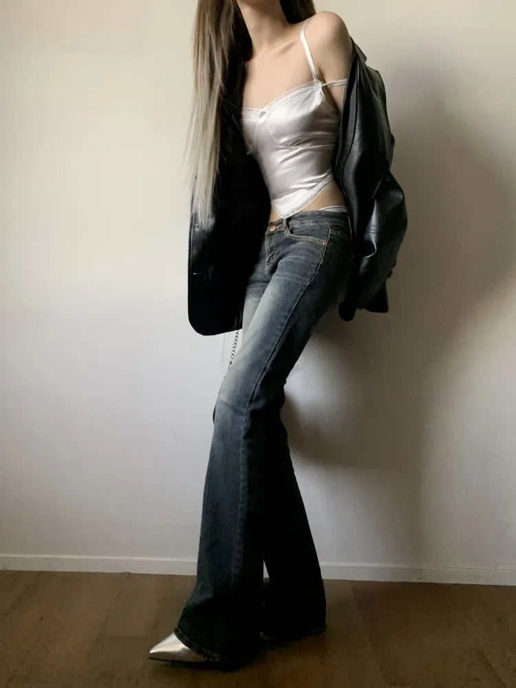 Y2k Coquette Low Rise Flared Jeans American Retro Grunge Popular Denim Pants 2000s 90s