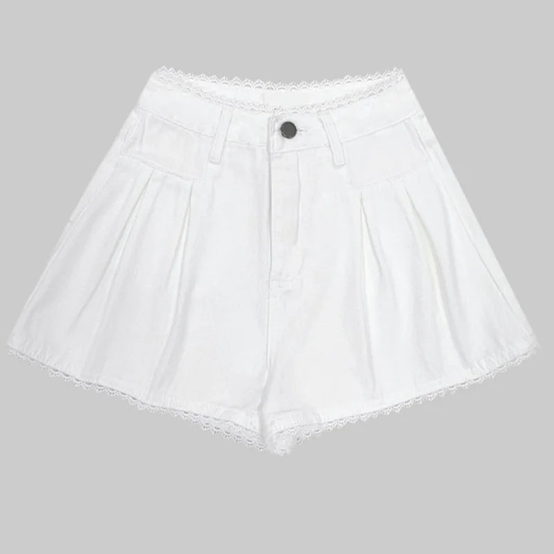 Spring Summer Lace Patchwork Denim Short Pants High Waist Loose Jeans Wide Leg Shorts for