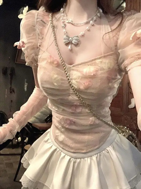 3d Flower Lace Top Lace Up Bubble Sleeves Blouses Summer Bow Waist Wrap Slim Sweet Spicy Girl Short Shirts Tops