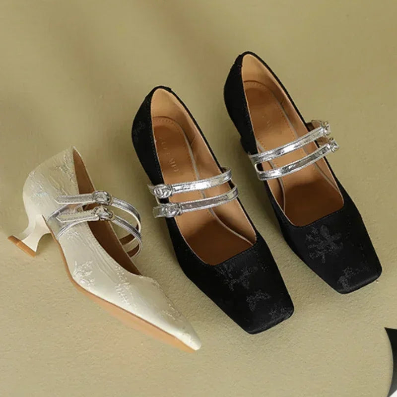 New Designer High Heels Silk Square Toe Dress Shoes Female Comfort Belt Buckle Low Heel Shoes