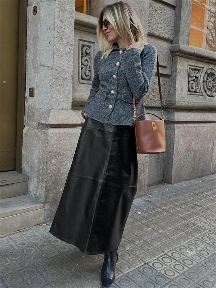 Black Pu High Waist Long Skirt for Patchwork Commute Slim Autumn Plaid Skirt Female Maxi Skirt