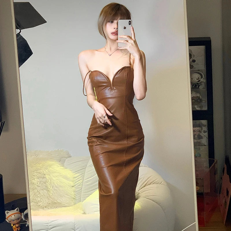 Sling Pu Faux Leather Slit Fit Long Dress Y2k Party Club Vacation Birthday Summer Clothing