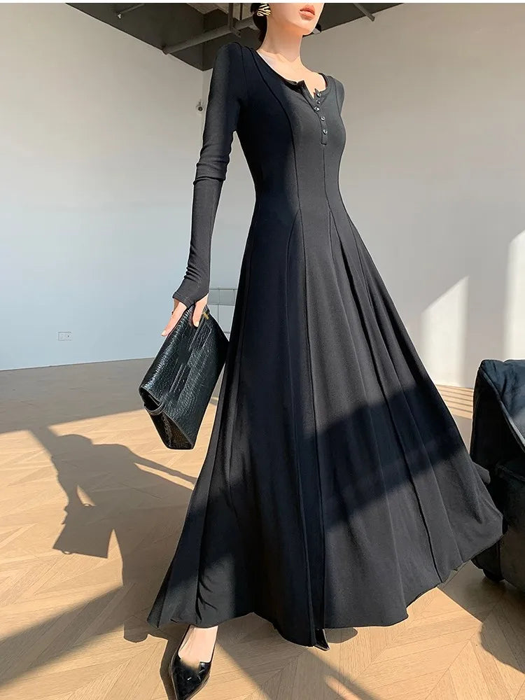 Knitted Dresses for Long Sleeves Square Collar A-line Autumn Maxi Dress Korean Vestidos Mujer New