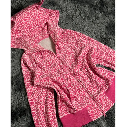 Autumn/winter American Retro Hot Girl Plum Pink Leopard Pattern Loose Hoodie Top Zipper Coat Sweatshirt for