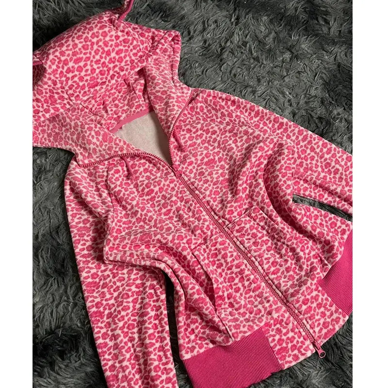 Autumn/winter American Retro Hot Girl Plum Pink Leopard Pattern Loose Hoodie Top Zipper Coat Sweatshirt for