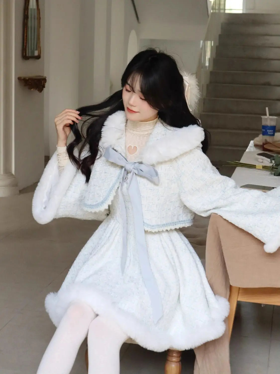 Autumn/winter New Set Sweet Girl Bow Plush Hooded Coat Slimming Aline Strap Camisole Dress Two Piece Sets Outfits