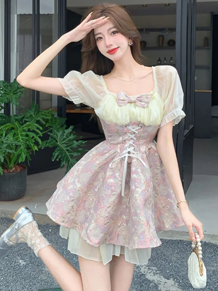 French Sweet Mini Dress for Bow Short Sleeves Laceup Princess Birthday Party Short Dresses Aline Vestidos