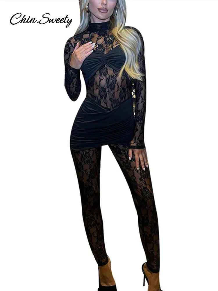 Lace Long Sleeve One Pieces Jumpsuit Mock Neck Bodycon Romper Female Spring New See Through Club Party Overalls