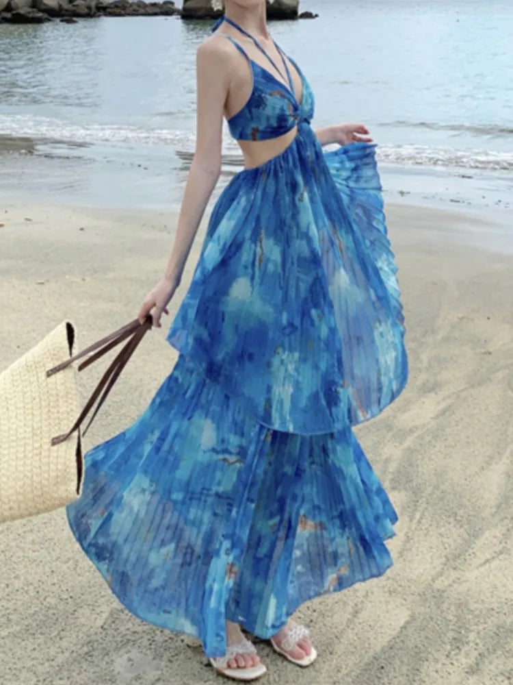 Halter Sleeveless Midi Dress Aline Beach Holiday Clothes Female Print Long Robe New Vestidos
