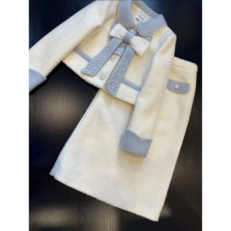 Sweet Hot Girl Suit Autumn/winter Bow Beaded Longsleeved Coat High Waisted Aline Skirt Twopiece Set Female Clothes