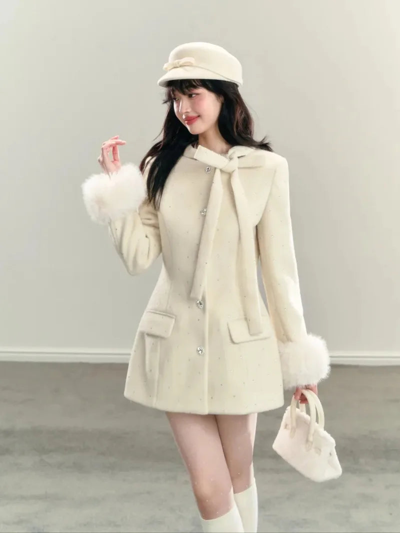 Sweet Hot Girl White Laceup Bow Coat Winter Slim Fit Single Breasted Woolen Coat Female Clothes