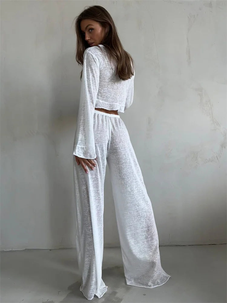 2 Piece-set Trousers for V-neck Lace-up Long Sleeve Top and High Waist ’s Pants Outfits Female