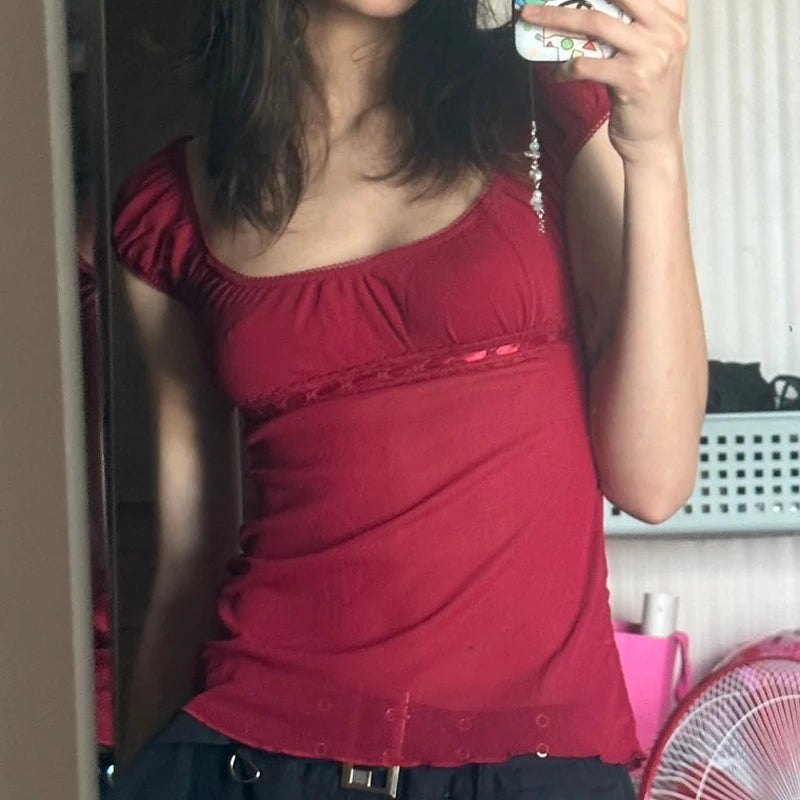 2000s Retro Cottage Milkmaid Crop Tops Fairycore Kawaii Short Sleeve Tees Y2k Aesthetic Preppy T-shirts