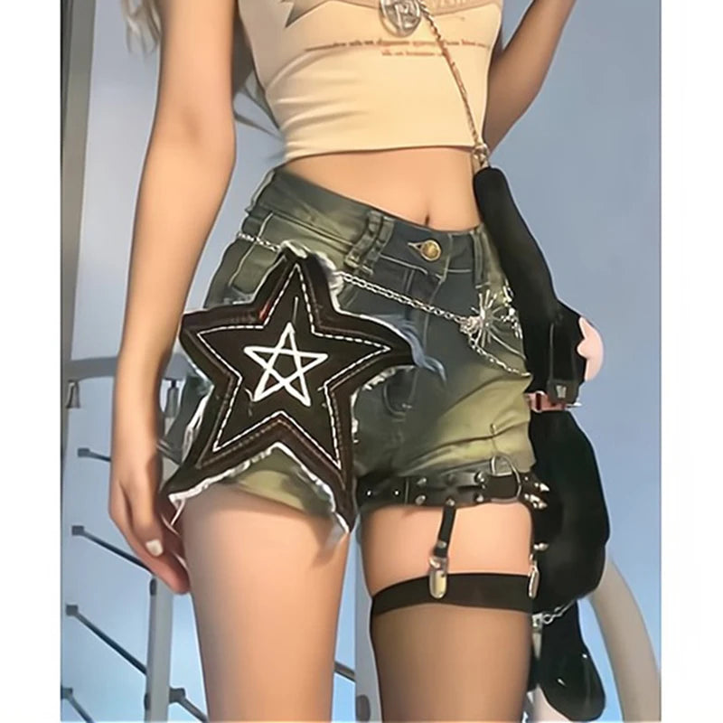 Y2k Star Print Denim Shorts Harajuku Gothic Wide Leg Shorts Jeans Summer High Waist Hot Short Pants New