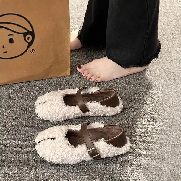Shoes Woman Flats Loafers Fur Round Toe Autumn Female Sneakers Dress Moccasin Fall Winter Leisure Buckle Strap Flock Rubb