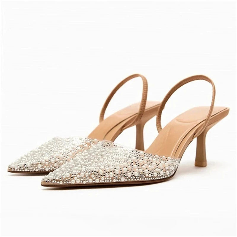 Square Rhinestone Mid Heels Pumps for Woman White Tassel Texture Black Sole Slingbacks Shoes Point Head Spike Heel Sandals