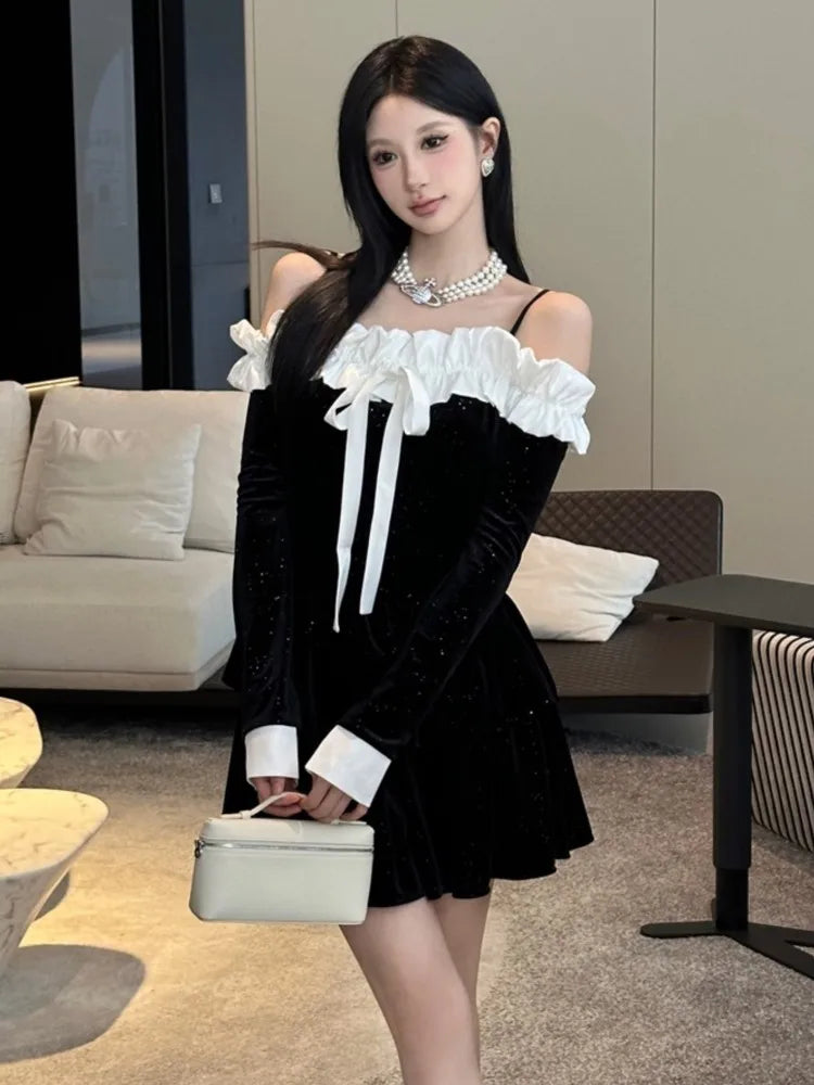 Velvet Dresses Off Shoulder Slash Neck Princess Birthday Party Mini Dress Spaghetti Strap Short Vestidos New