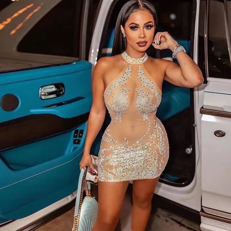 Mesh Sheer See Through Party Dress for Party Club Night Mini Bodycon Dress Rhinestone Sparkly Birthday Skirt