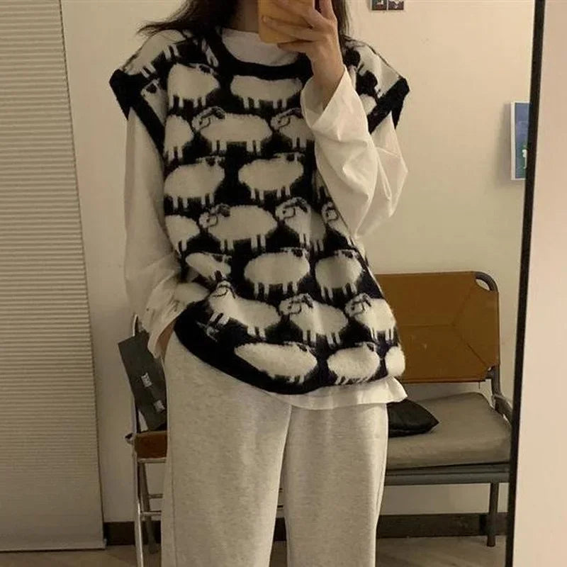New Harajuku Sheep Print Vest Sweater Kawaii Black Crewneck Knitwear Korean Graphic College Clothes