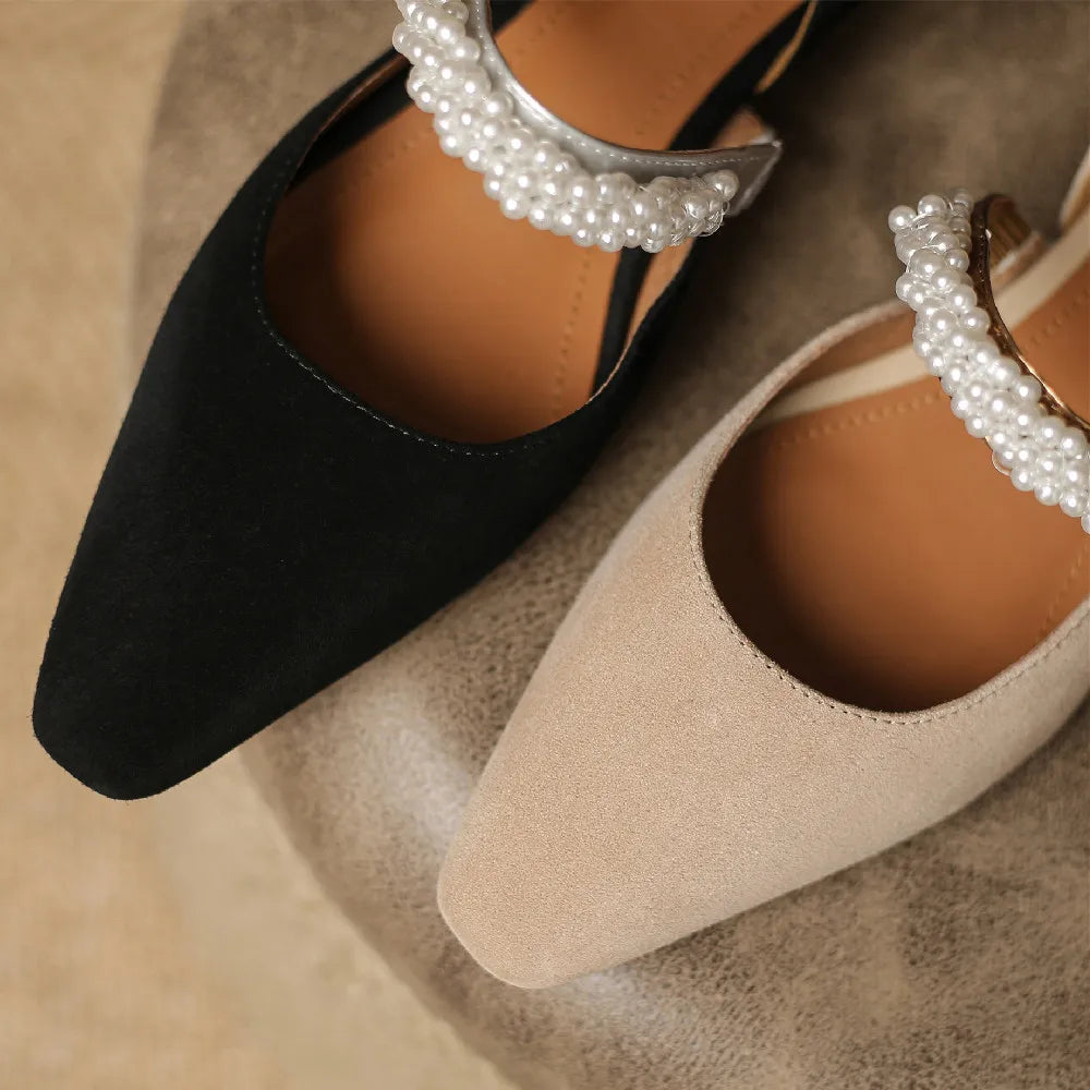 Mary Jane Flats Natural Suede Leather Beading Band Pointed Toe Slipon Female Footwear Summer Daily Shoes