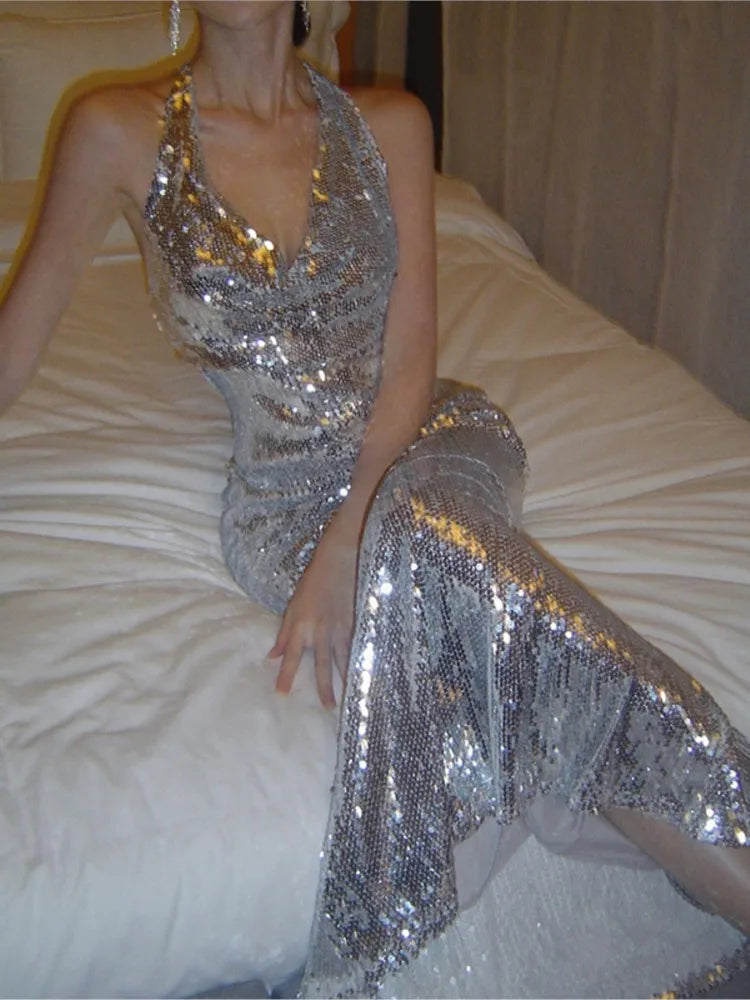 Bodycon Sequined Prom Robe V-neck Backless Sleeveless Evening Party Dress Wedding Slim Mermaid Long Dresses for New