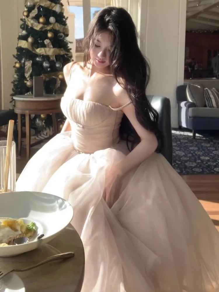 Fairycore White Princess Dress Sweet Ball Gown Birthday Party Vestidos Gauze Bodycone Strapless Camisole Long Dresses