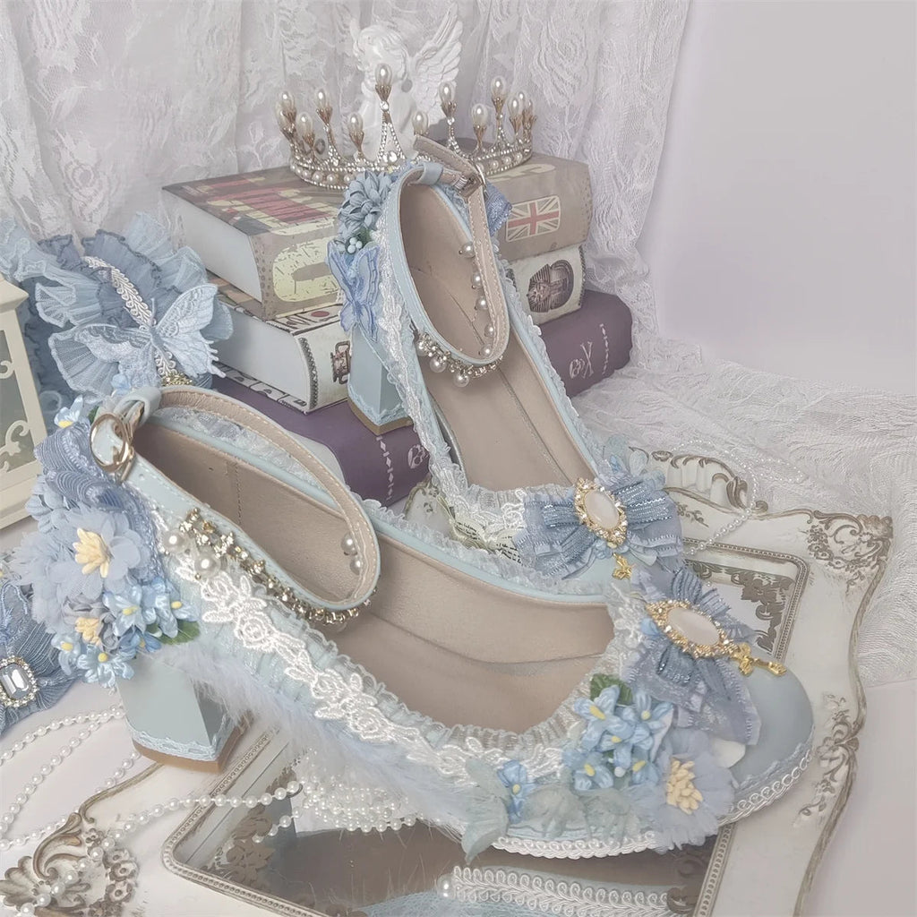 Sweet Lolita Retro Court Style Cosplay Loli Flower Wedding Gem Flower Ribbon Plush Bow 68 Cm High Heel Shoes