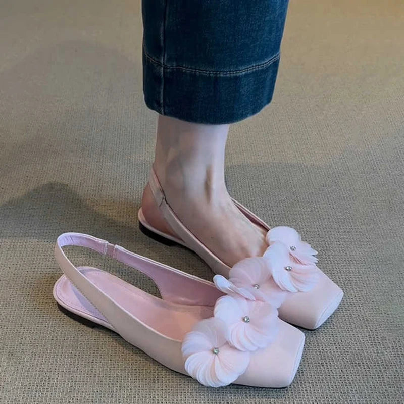 Summer Flower Mules Sandals Square Toe Slip on Singbacks Shoes Dress Flats Sandalias