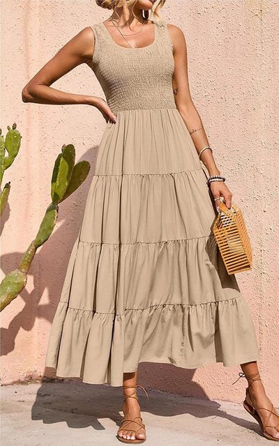 Dresses for Summer Sleeveless Color Long Dress Elastic Waist Beach Party Big Swing