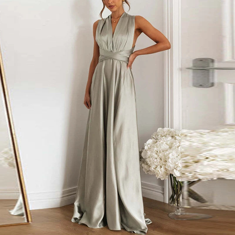 Off Shoulder High Waist Satin Long Dress Color V Neck Sleeveless Dress New Cross Backless Laceup Party Dress