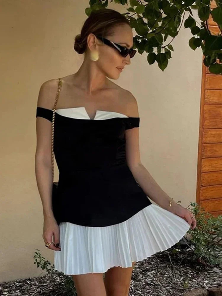 Contrast Color Folds Mini Dress for Slim Fit Off-shoulder Dress Plunge Sleeveless Gown Dress