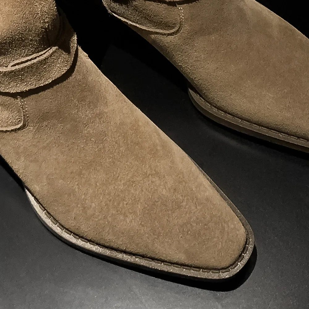 3442 Natural Suede Leather Flats Autumn Western Boots Double Metal Buckle Long Boots Shoes