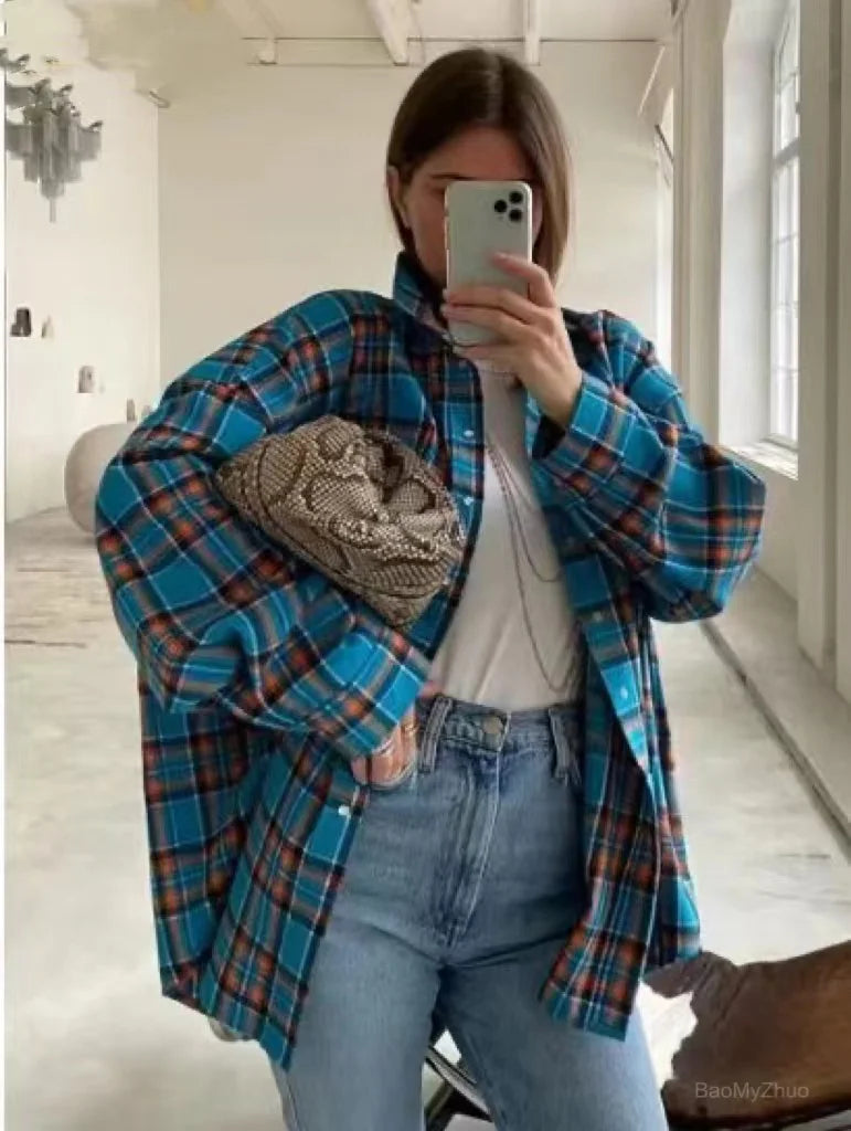 Summer Oversized Plaid Shirt Long Sleeve Loose Fit Blouse Autumn Female Office Shirt Tops for Woman