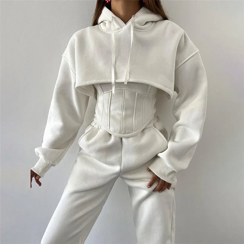 Lace Up Pants Sets Slim Splice Tank Tops Woman Long Sleeve Short Hoodies and Pant Suits Outfits Winter