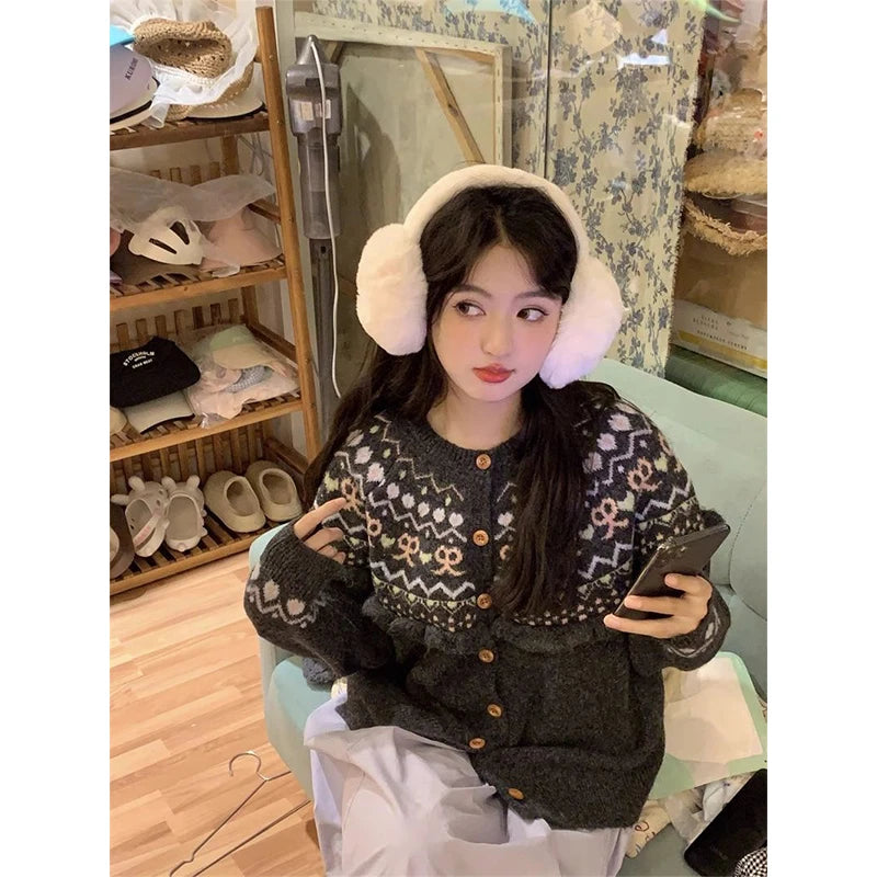 Kawaii Bow Pink Knitted Cardigan Print Patchwork Sweater Outerwear Korean Aesthetic Knitwear Long Sleeve Jumpers