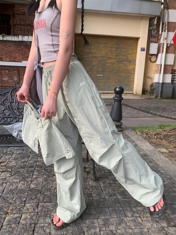 Grey Parachute Pants Woman Baggy Y2k Hip Hop Causal Patchwork Korean Straight Sweatpants Retro Trouser Summer