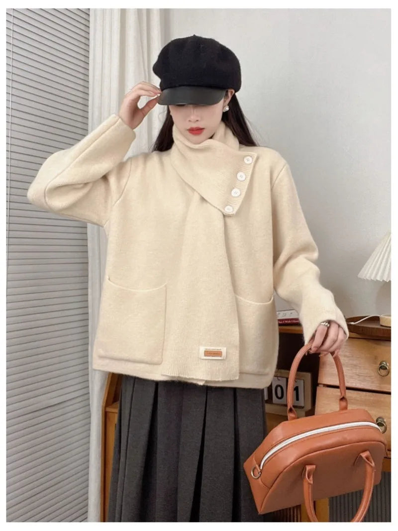 Sweet Hot Girl Christmas Detachable Scarf Knitted Cardigan Fall/winter Loose Longsleeved Sweater Female Clothes