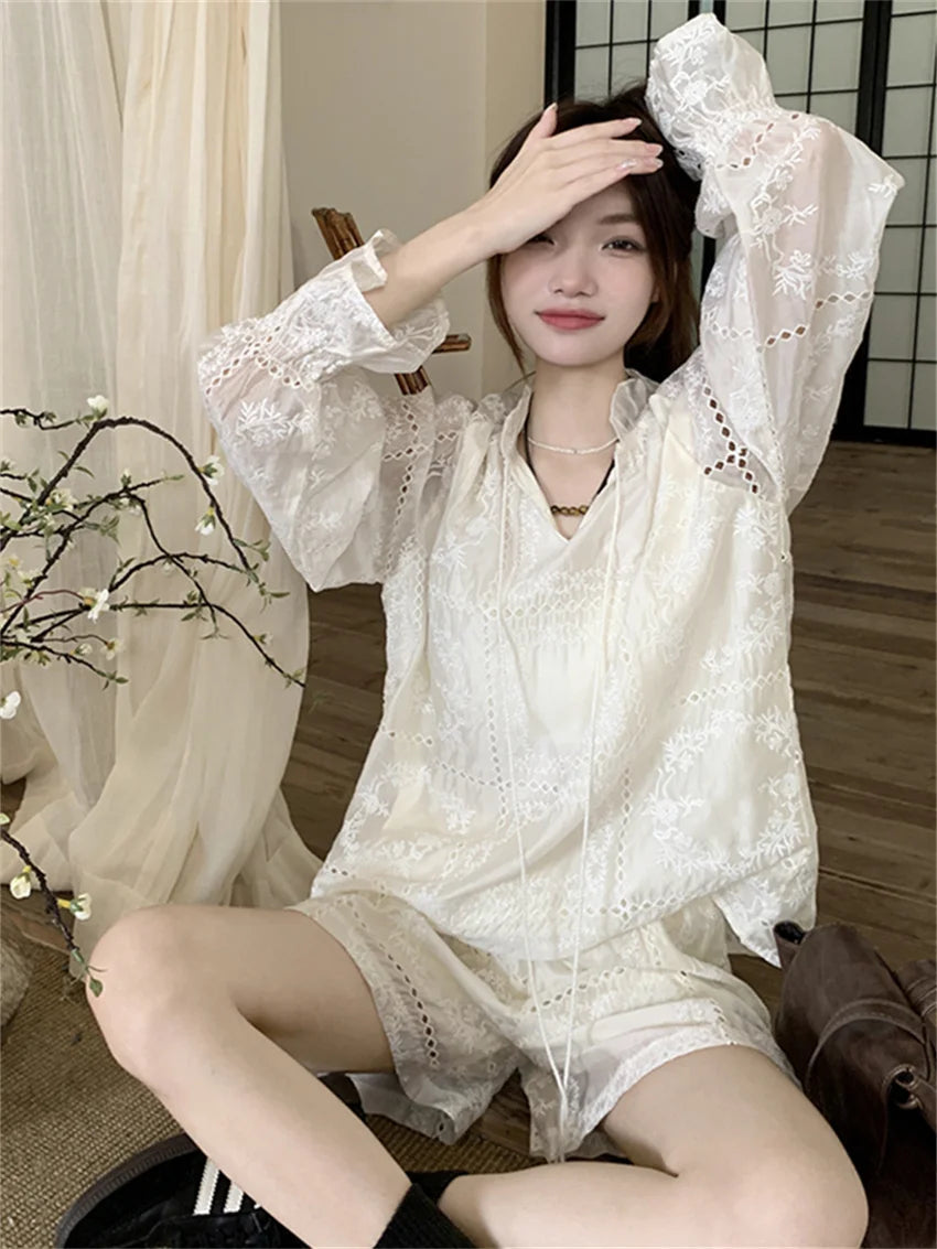 White Suits Hollow Out Flare Full Sleeve Blouses Summer Office Wear Sweet New Ol Wide Leg Loose Shorts