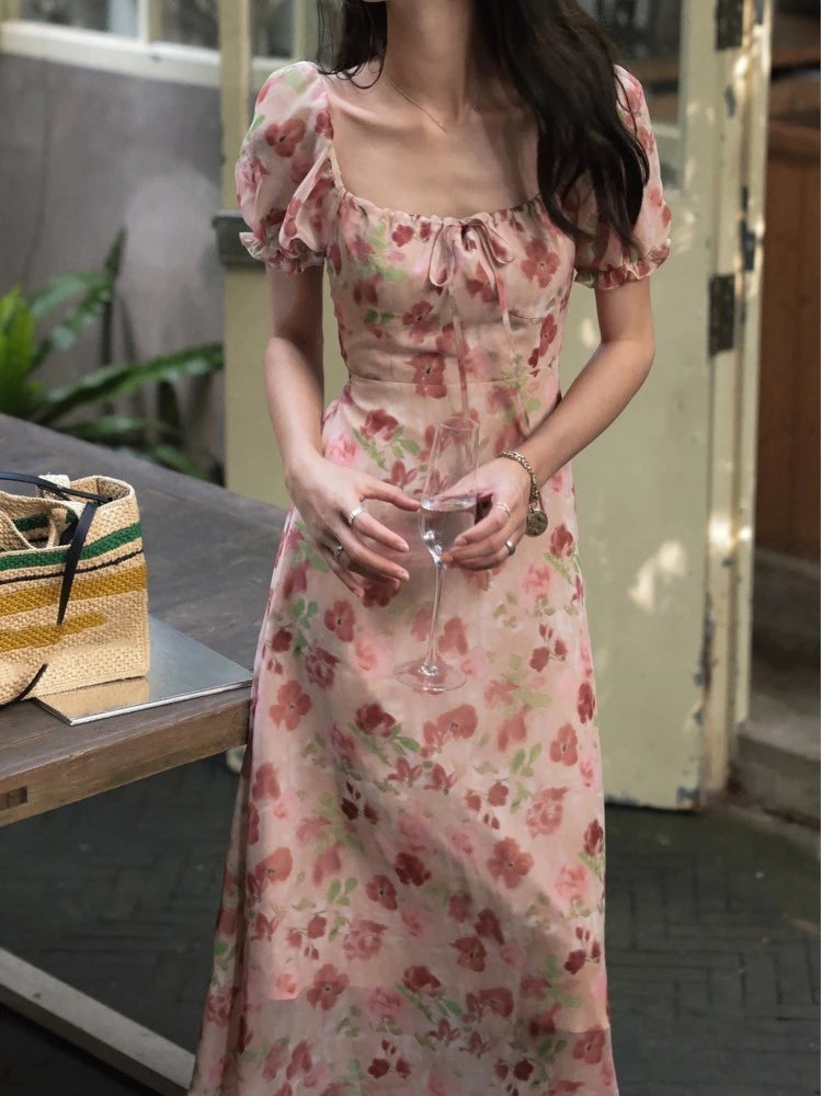 French Printed Midi Dresses for Summer Puff Sleeve Square Collar Slim Party Dress One Piece Vestido