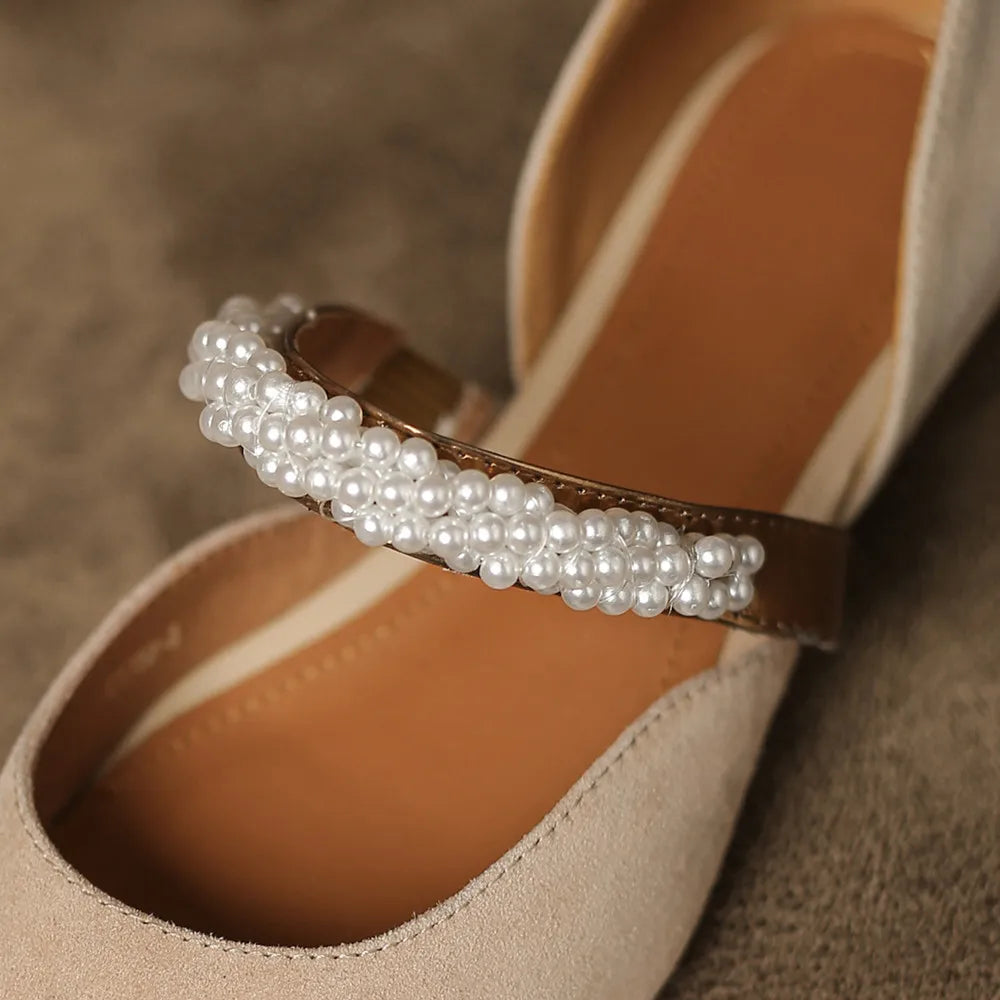 Mary Jane Flats Natural Suede Leather Beading Band Pointed Toe Slipon Female Footwear Summer Daily Shoes