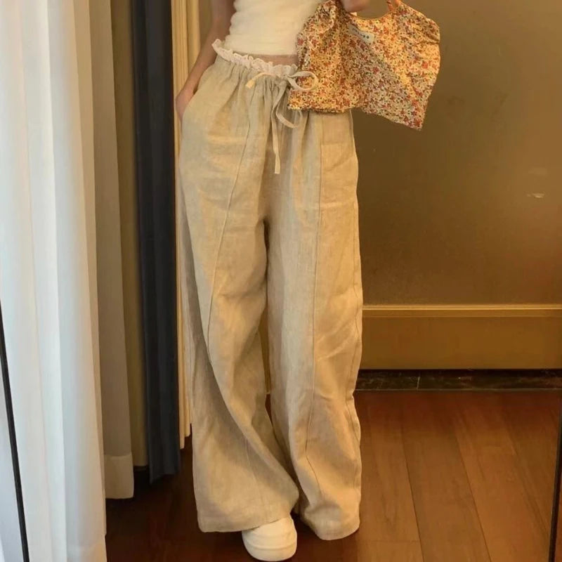 Korean Style Patchwork Wide Leg Pants Sweet Lace Loose Trousers Design Summer
