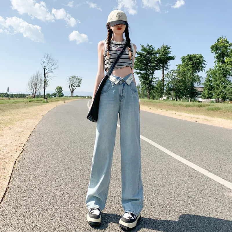 Rugged Waist Design and Feeling Denim New Loose High Waisted Slim Denim Straight Leg Pants Floor Mop Pants