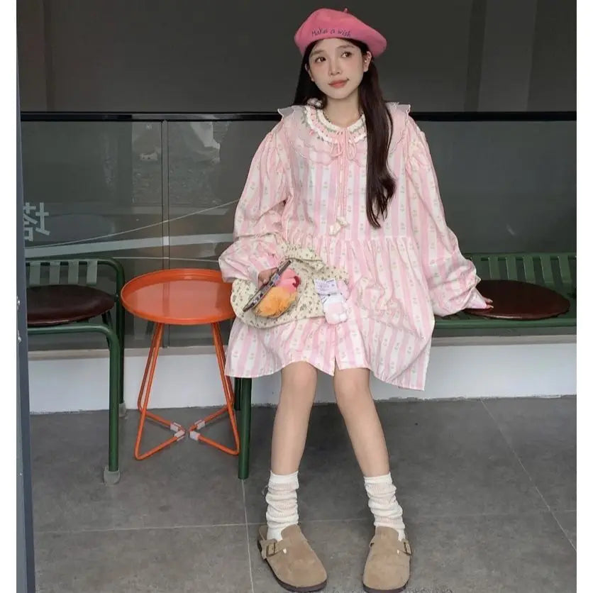 Sweet 3d Hook Flower Stripe Pink Dress Summer New Embroidered Girl Doll Neck Loose Aline Midi Dress for