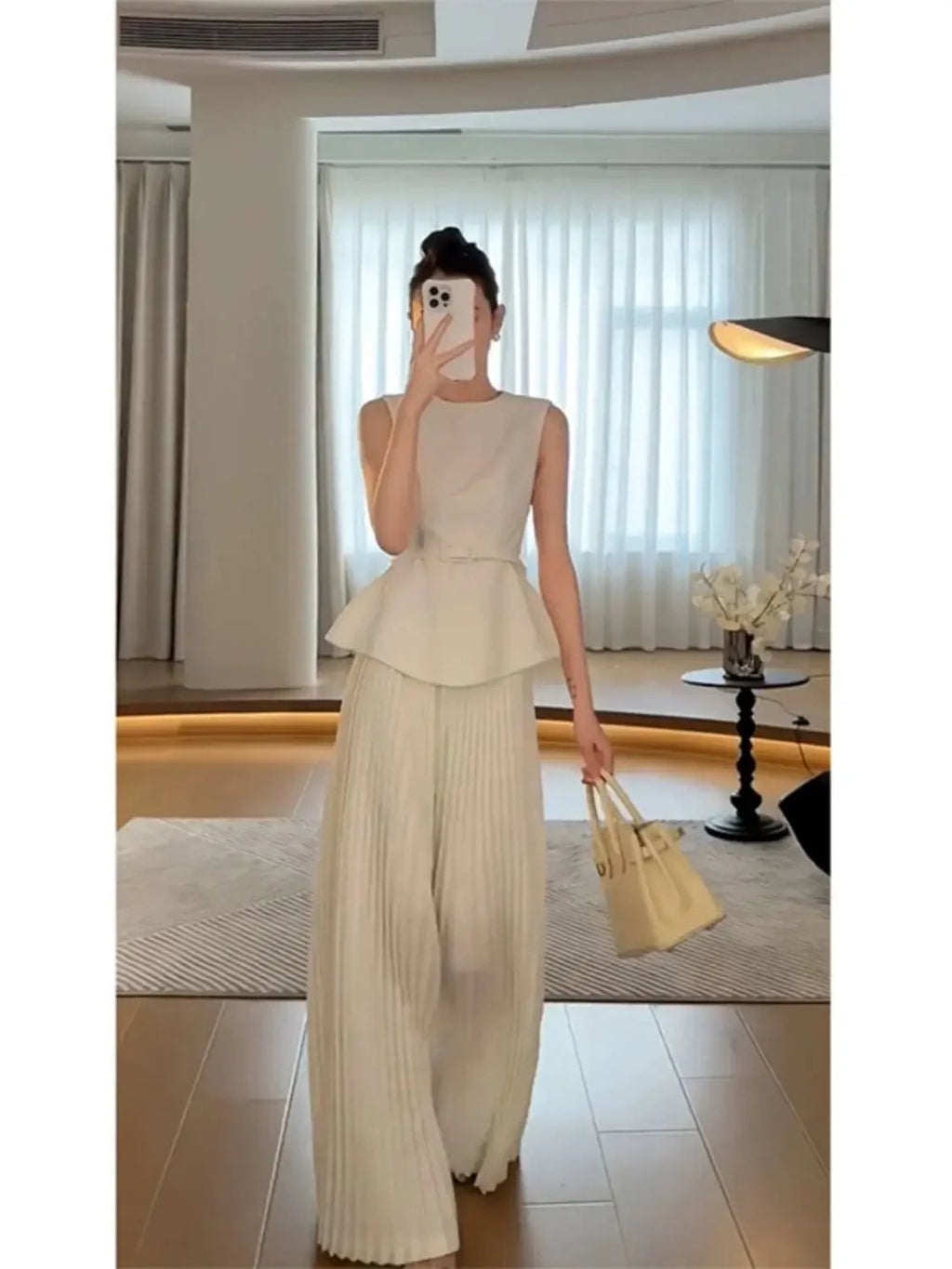 Sleeveless Top Waist Belted Slim Tank Top Pleated Wide Leg Pants Set Commuting Professional Two Piece Set Outfits