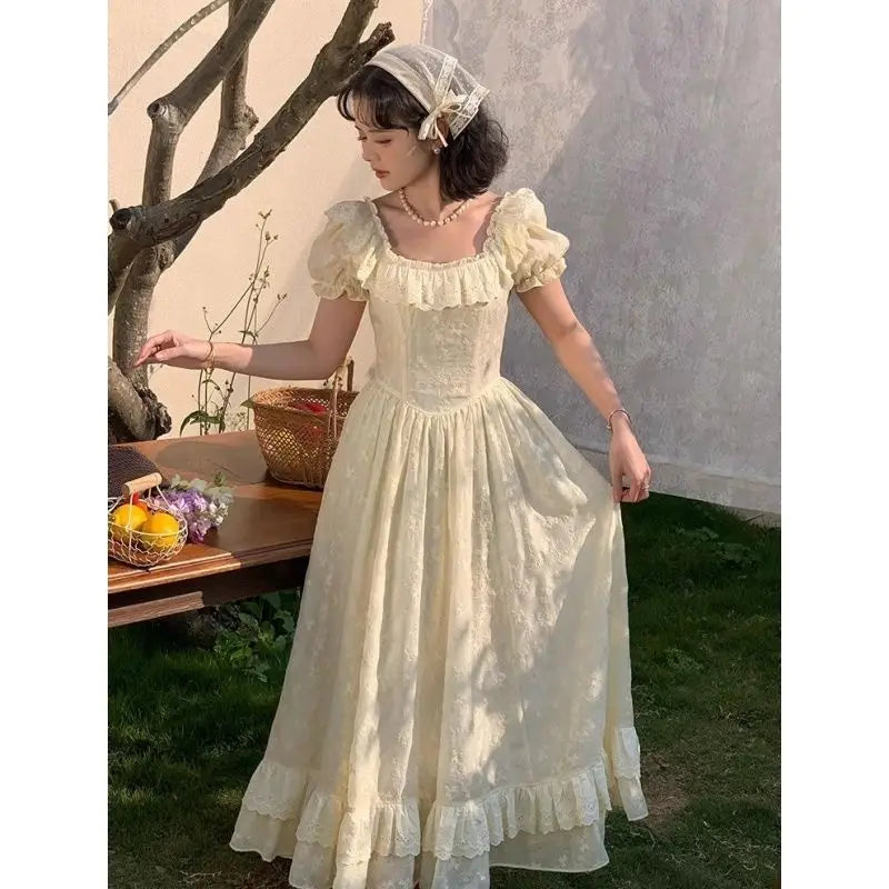 Lace Ruffles Long Dresses Square Neck Spring Summer Princess Dress Aline Sweet Vestidos Mujer